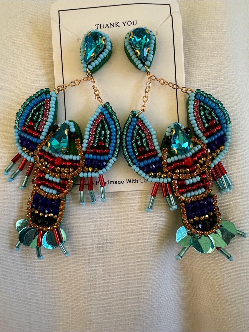 Handmade Lobster Turquoise Beaded Statement Earrings - Women Jewelry